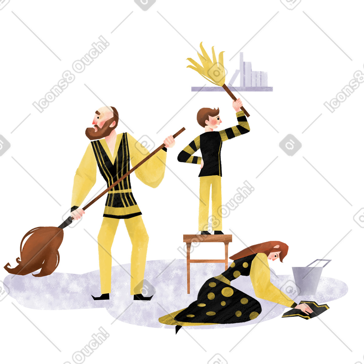 Parents and child doing household chores, Familytime teamwork illustration in Family style download in PNG, SVG
