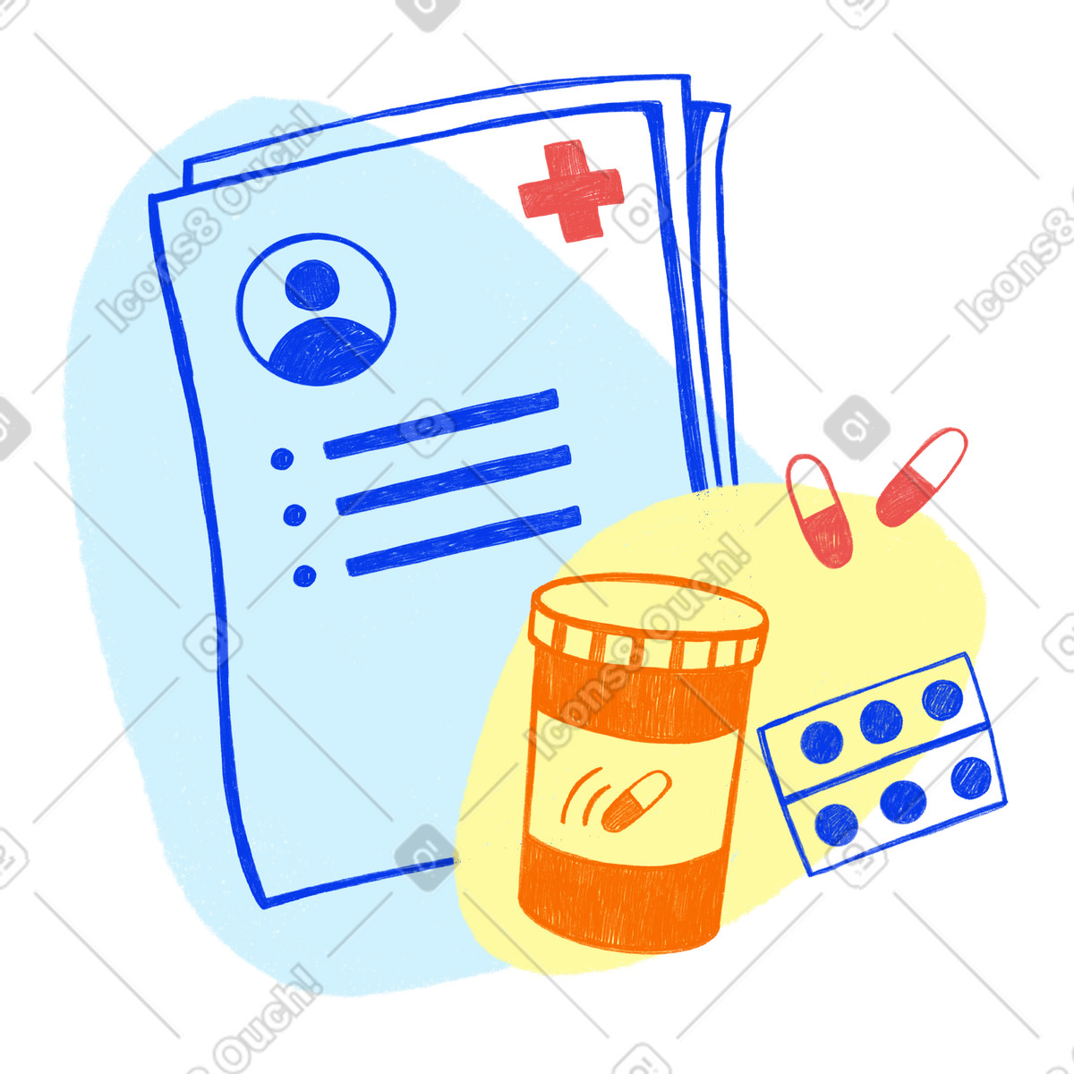 Ilustración Medical sheet and prescription pills for treatment en estilo Biro a descargar en PNG y SVG