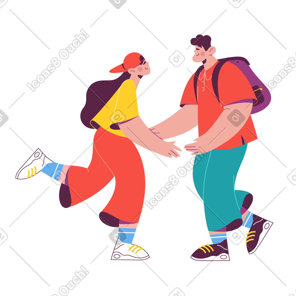Sammy スタイルの Happy meeting of friends with smiles, Student life or social gathering のイラストをPNG、SVG形式でダウンロード