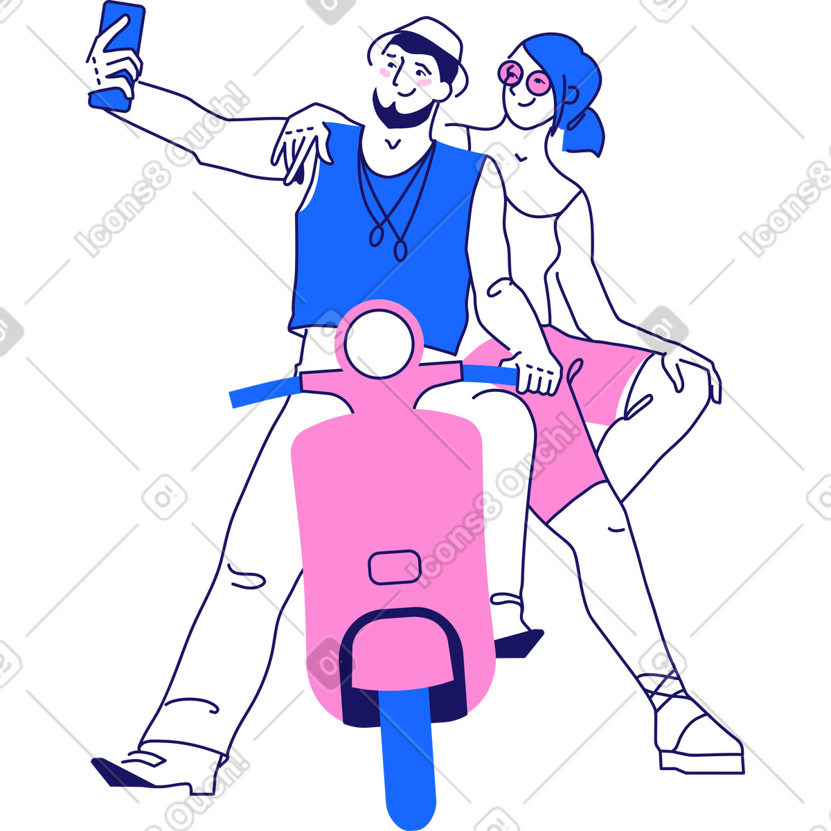 Ilustração de Viajantes em uma motocicleta tiram selfie no estilo Matey para baixar PNG, SVG