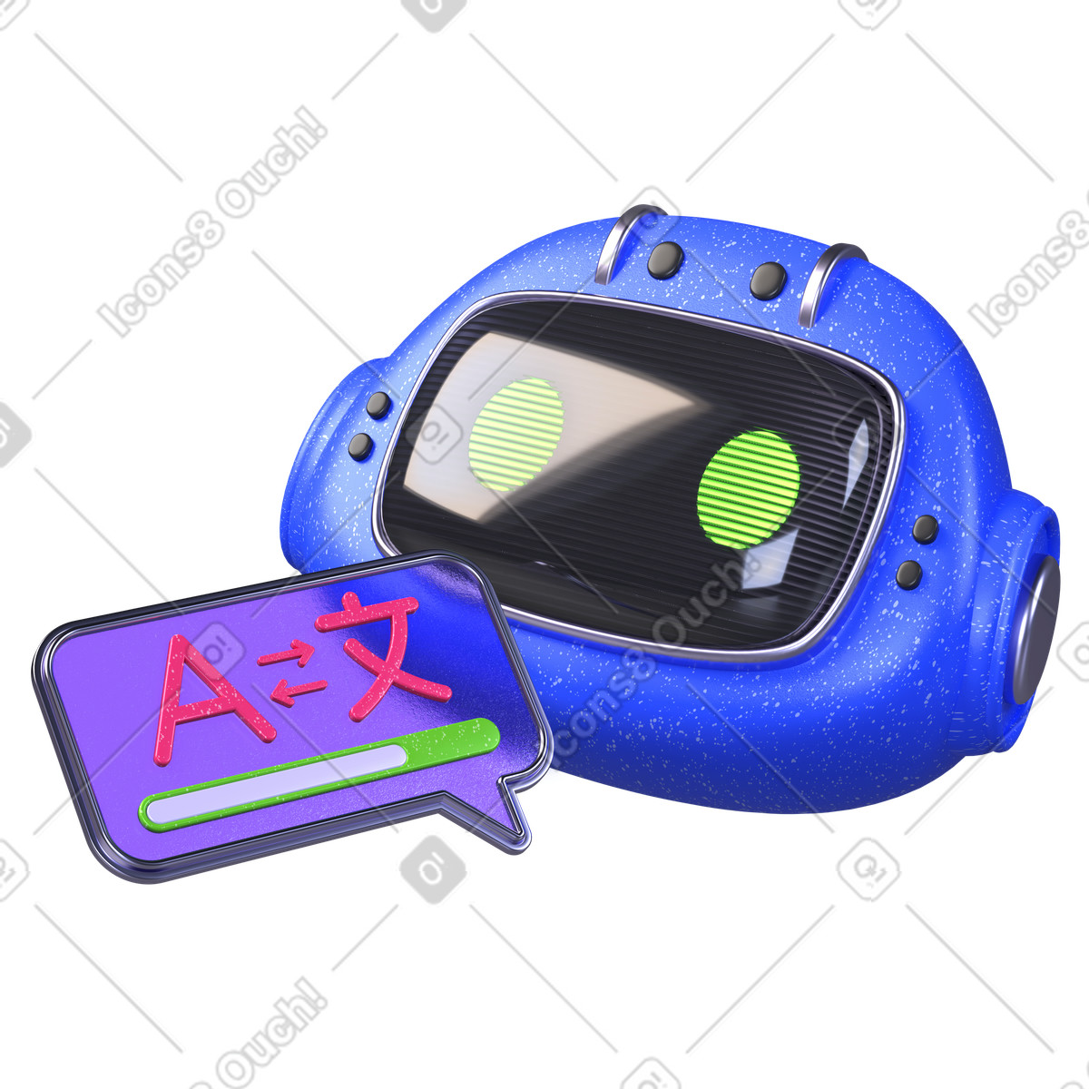 AI assistant and speech bubble with language symbols, Automated language translation illustration in 3D Boost style download in PNG, SVG