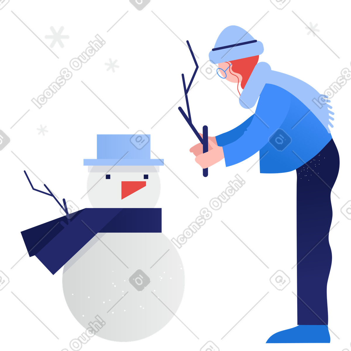 Donna che costruisce un pupazzo di neve all'esterno illustrazione in stile Clip scarica in PNG, SVG
