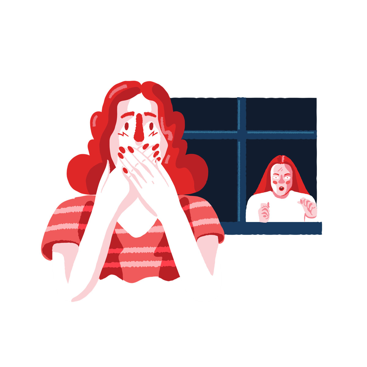 Cherry スタイルの Woman afraid of scary neighbor in the window のイラストをPNG、SVG形式でダウンロード