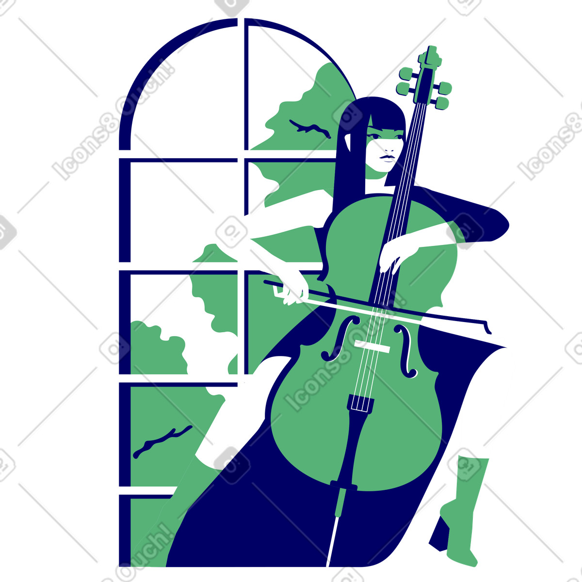 Donna alla finestra che suona il violoncello illustrazione in stile Lounge scarica in PNG, SVG