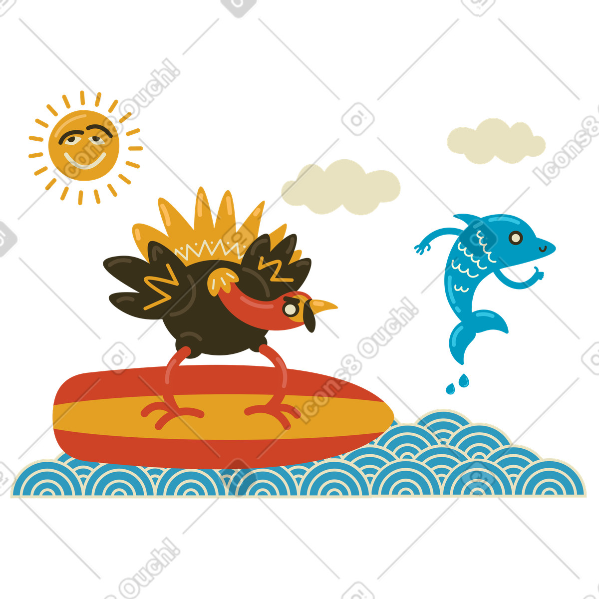 Turkey surfing with dolphin jumping above the waves illustration in Arabica style download in PNG, SVG
