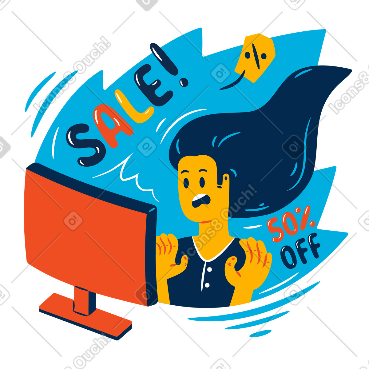 Ilustración Mujer abrumada por anuncio de venta online en estilo Flame a descargar en PNG y SVG