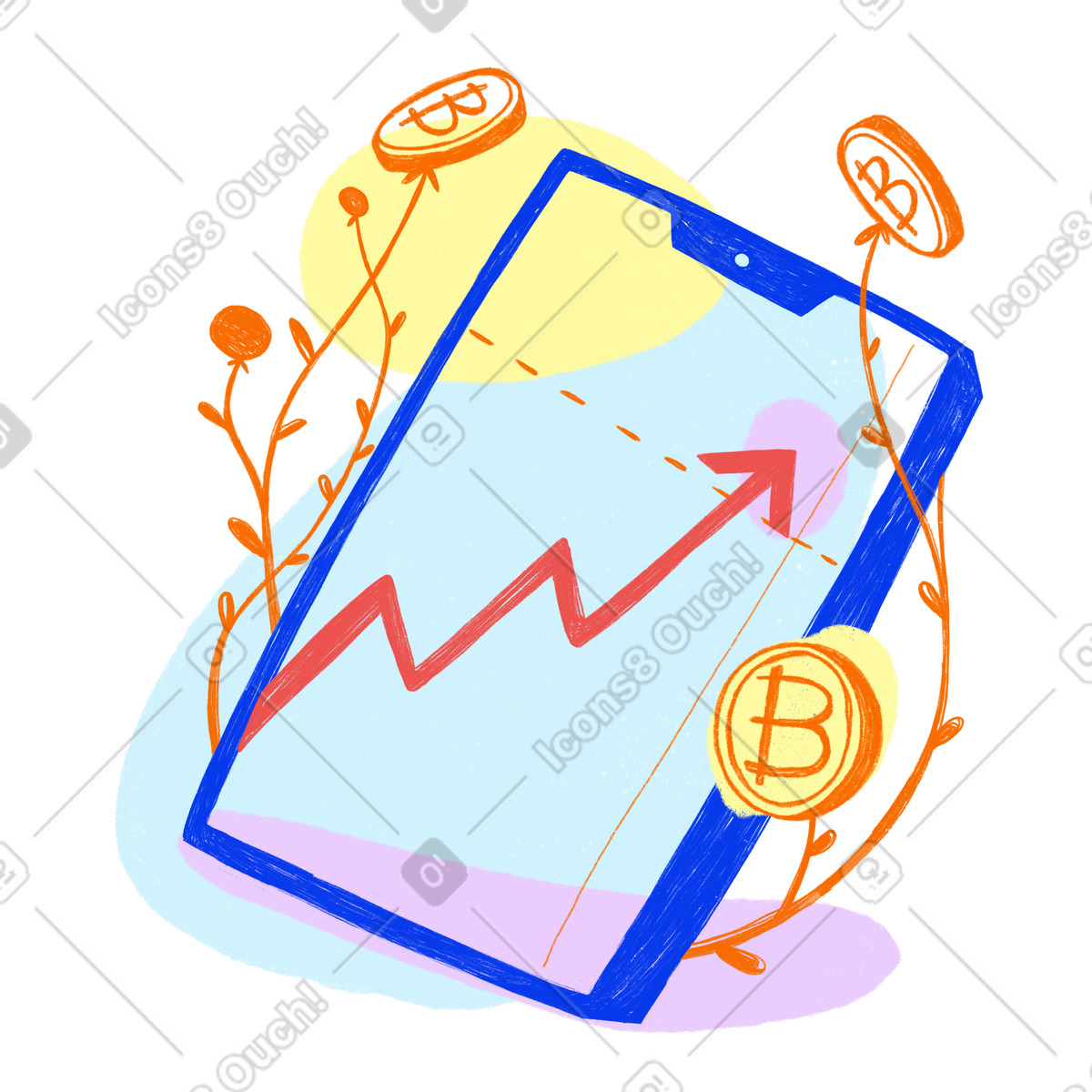 Blue phone shows an increase in bitcoin investments illustrazione stile Biro scarica PNG, SVG