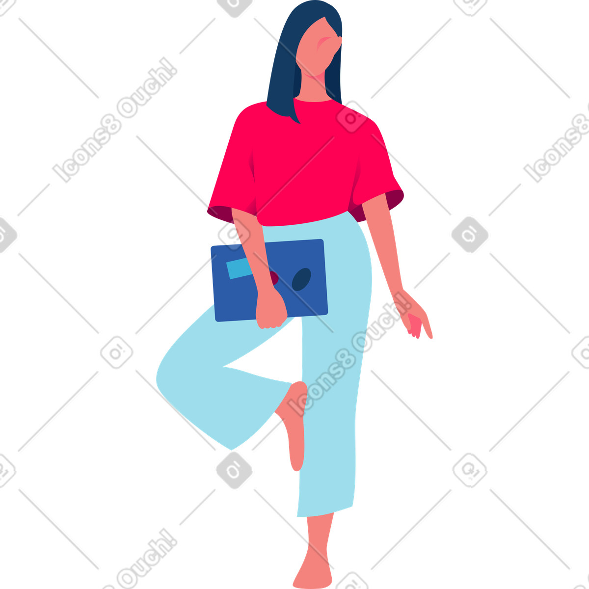 Young woman standing on one leg holding laptop illustration in Daily style download in PNG, SVG