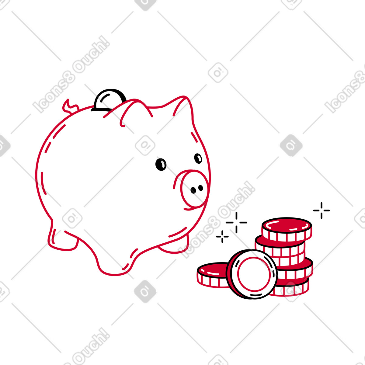 Piggy bank and coins, Savings cash management illustration in Ruby style download in PNG, SVG