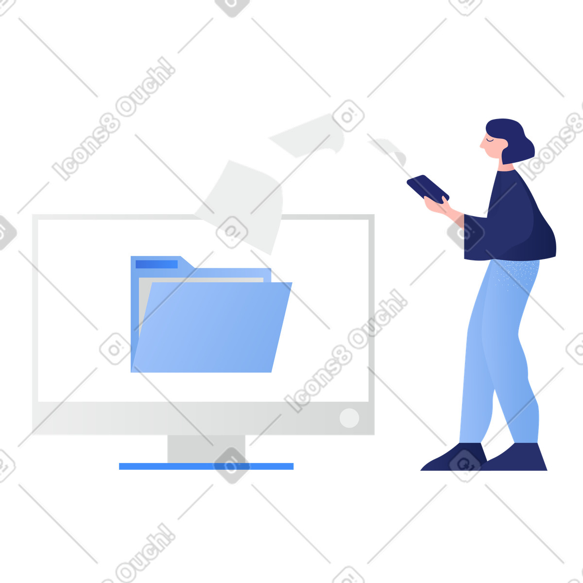 Donna che trasferisce file dal telefono al pc illustrazione in stile Clip scarica in PNG, SVG
