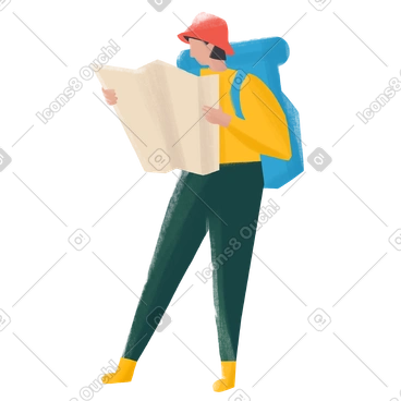 Girl with a large backpack looks at a map PNG, SVG