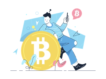 A person holding a phone with a Bitcoin symbol - Work Hard style illustration