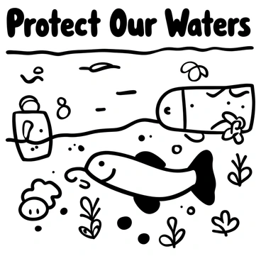 A dead fish lying on a polluted shore, surrounded by plastic waste and debris. The words "Protect Our Waters" prominently displayed above the fish. In the background, a muddy river is visible, with oil slicks and trash floating on the surface. Small plants struggling to grow in the polluted environment are scattered around the scene.