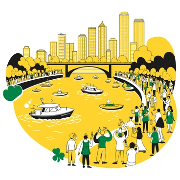 A bustling scene along the Chicago River with water dyed yellow. Numerous boats are floating on the river, some decorated with flags and banners celebrating St. Patrick's Day. People are gathered on the riverbank, wearing festive hats, themed clothing, and holding drinks. In the background, tall buildings stand proudly, some adorned with green lights. There are large crowds engaging in lively conversations and taking pictures, all capturing the spirit of the festivities.