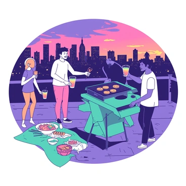 A teal rooftop barbecue grill is set up on a wooden deck, surrounded by friends enjoying the evening. In the background, a city skyline is visible, showcasing tall buildings under a vibrant sunset. Two friends are flipping burgers on the grill, while others are holding colorful drinks and chatting. A table is laid out with an assortment of food, including skewers and a bowl of fresh salad. The atmosphere is lively, with laughter and warmth filling the air as the skyline glows in twilight hues.