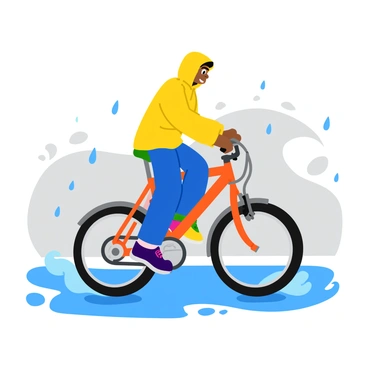 A colorful treadmill bike with a sleek design is being ridden by a person wearing a bright yellow raincoat. Raindrops are falling from a gray sky, creating a dynamic atmosphere. The wet pavement reflects the bike and the rider, capturing the vibrant hues of the raincoat and the bicycle in glistening puddles. The scene shows the rider pedaling energetically, splashes of water are kicked up around the tires, and the overall mood conveys a sense of adventure in the rain.