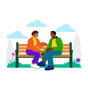 A heartwarming line drawing of two friends sharing a moment on a park bench.