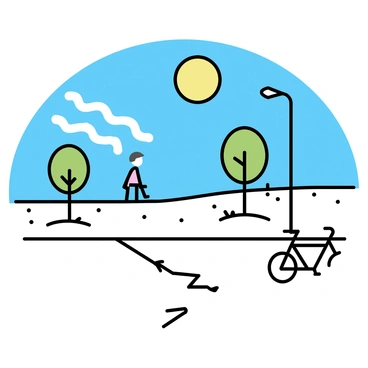 A city street is depicted under a bright sun, showcasing a clear blue sky above. The pavement is visibly cracked, with a few patches of grass growing through the cracks. A shimmering heat distortion rises from the asphalt, creating a wavy appearance. Sparse trees line the sidewalk, with their leaves drooping slightly from the heat. A lone bicycle leans against a lamp post, and a distant figure can be seen walking, dressed in light clothing to combat the heat. The scene conveys a sense of stillness, with no vehicles on the road.