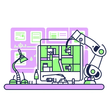 A robotic arm is positioned at the center of a high-tech laboratory. The arm is meticulously assembling a complex cage composed of intricate metal panels and connecting rods. Various tools and components are neatly arranged on a sleek workbench nearby. The background features several screens displaying schematics and data. The cage design has multiple compartments, with small mechanisms visible within. Bright lights illuminate the workspace, highlighting the precision of the robotic arm's movements.
