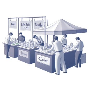 A busy market scene featuring a variety of stalls selling seafood. Each stall has unique signage with intricate lettering and decorative elements. The signs indicate the types of seafood available, including "fish," "shellfish," and "crab," each prominently displayed. The stalls are adorned with nets, fishing gear, and fresh catches, creating a lively atmosphere. Customers are interacting with stall owners, examining the displayed seafood while engaging in conversation. The overall composition captures the bustling energy of the market.
