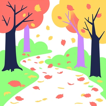 A forest path is lined with trees displaying a variety of autumn leaves. Leaves in shades of orange, red, and yellow are gently falling from the trees above, creating a soft carpet along the path. The ground is covered with a mixture of fresh and fallen leaves, some of which are slightly crumpled. In the background, the trunks of the trees are tall and sturdy, with some leaves still clinging to the branches. The soft light filters through the canopy, casting dappled shadows on the ground.