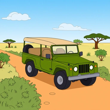 A green safari jeep with large wheels is driving along a dirt path in the African savanna. The jeep has a canvas roof and is open on the sides, providing an unobstructed view of the surroundings. Tall wild bushes with green foliage are present on both sides of the path, swaying gently in the breeze. In the background, there are scattered acacia trees under a bright blue sky with a few fluffy white clouds. The sun casts warm, golden light, enhancing the vibrant colors of the landscape.