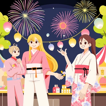 A group of anime characters is gathered in a vibrant festival setting, smiling and enjoying the festivities. Colorful paper lanterns are hanging from the trees, casting a warm glow around them. One character, with long flowing hair, is holding a bright red lantern, while another character, wearing a traditional kimono adorned with floral patterns, is excitedly launching a firework into the night sky. In the background, a shower of multicolored fireworks bursts against the dark sky, illuminating the faces of the characters. Stalls lined with various treats, such as cotton candy and takoyaki, can be seen nearby, adding to the festive atmosphere.