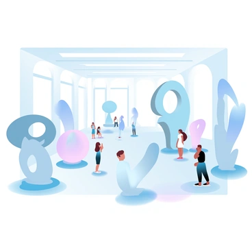 A spacious modern art gallery featuring sleek, minimalist architecture. Large windows allow natural light to fill the room, highlighting the smooth surfaces of contemporary sculptures. Several abstract sculptures are strategically placed throughout the gallery, each with unique shapes and textures. Some sculptures are made of polished metal, while others are crafted from stone or glass. A few visitors are admiring the artworks, standing at a respectful distance. The walls of the gallery are painted in soft, neutral tones, creating a harmonious backdrop for the vibrant sculptures.