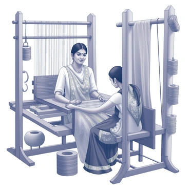 An Indian woman is seated at a loom in a textile workshop. She is wearing traditional attire with intricate patterns. Her hands are skillfully manipulating the threads as she weaves, creating a vibrant fabric. Surrounding her are spools of yarn in various shades, and the workshop is filled with hanging fabrics and tools used for weaving. The atmosphere reflects a sense of craftsmanship and dedication to the art of textile making.