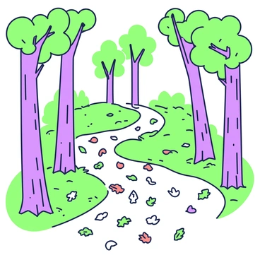 A forest path winding like the aorta, with autumn leaves scattered along the trail