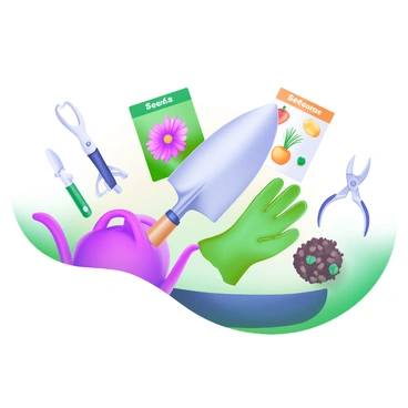 A flat lay arrangement featuring various gardening tools. In the center, there is a trowel with a wooden handle, placed next to a pair of green gardening gloves. Surrounding these tools are colorful seed packets with images of flowers and vegetables displayed prominently. Additional elements include a small watering can, a pair of pruning shears, and a handful of soil mixed with seeds, all arranged on a light, textured surface.