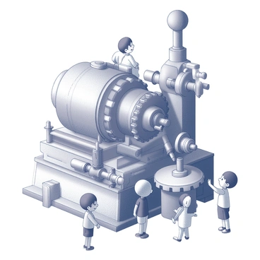 A large, intricate machine filled with various interlocking gears and moving components. The machine features several levers and dials, all designed to animate illustrated characters. These characters, depicted in detail, are positioned around the machine, ready to come to life. The scene highlights the dynamic interaction between the mechanical elements and the characters, emphasizing the movement and energy involved in the animation process.