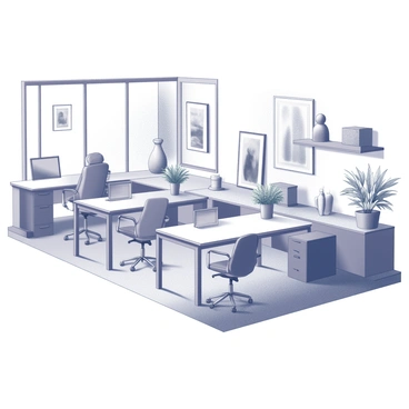A spacious office environment featuring several modern desks arranged in an open layout. Each desk is sleek and minimalistic, equipped with ergonomic chairs. The office includes large windows that allow natural light to flood the space. Various artistic decor pieces, such as abstract sculptures and framed monochrome prints, are displayed on the walls and shelves. Potted plants are strategically placed around the office, adding a touch of greenery to the modern design. The overall atmosphere is organized and professional.