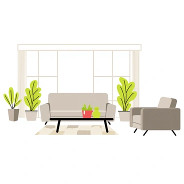 A sleek modernist living room featuring minimalist furniture with clean lines. The room includes a low-profile gray sofa and a simple black coffee table. There are large floor-to-ceiling windows allowing ample natural light to fill the space. A few potted green plants are placed strategically around the room, adding a touch of color. The walls are painted in a soft white, enhancing the spacious and airy feel of the living room. A geometric area rug lays under the coffee table, adding subtle texture to the floor.