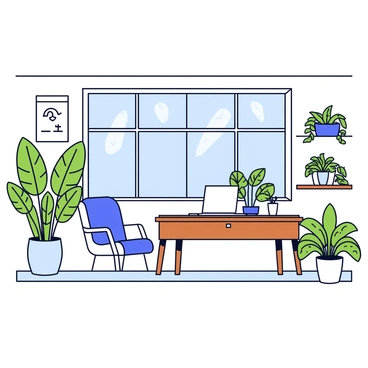 A corporate office interior with large windows allowing natural light to flow in. The space is filled with several green plants, including potted ferns and snake plants placed in the corners and on shelves. The office features sustainable architecture elements, such as a wooden desk made from reclaimed materials and energy-efficient lighting fixtures. The walls are painted in a light, neutral color, creating a clean and fresh atmosphere. A comfortable seating area with modern chairs is situated near the windows, enhancing the overall eco-friendly design.