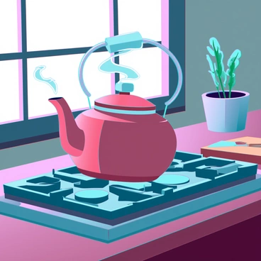 A vintage tea kettle made of copper with a shiny surface sits atop a rustic kitchen stove. The kettle is emitting wisps of steam that swirl softly into the air. The stove itself is made of worn cast iron with a textured finish. Sunlight streams through a nearby window, creating patterns of light and shadow on the wooden countertop. The warm glow of the sunlight enhances the cozy atmosphere of the kitchen. In the background, there are herbs in small pots and a wooden cutting board with a knife resting on it.