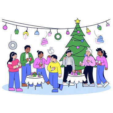A festive holiday celebration scene filled with colorful string lights hanging above. Various decorations with vibrant colors, such as wreaths and ornaments, are placed throughout the area. Groups of people are gathered together, smiling and laughing, while some are holding cups of warm drinks. The ground is covered with a light dusting of snow, adding to the cheerful atmosphere. There are small tables adorned with holiday-themed centerpieces, and a large tree is decorated prominently in the background.