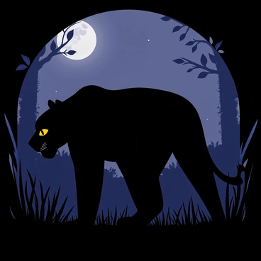 A black panther with sleek fur is crouched low to the ground, its intense yellow eyes focused ahead. The panther's powerful muscles are tense, ready to pounce. It is surrounded by shadowy vegetation, with tall grass and dark bushes providing cover. The night is illuminated by a full moon, casting a soft glow on the panther's silhouette. The background features a dimly lit forest with silhouettes of trees and leaves rustling gently in the breeze. The scene conveys a sense of silent anticipation and stealth as the panther prepares to hunt.