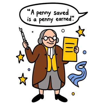 A cartoon illustration featuring Benjamin Franklin, depicted as an older man with white hair and round spectacles. He is standing with a quill in one hand and a piece of parchment in the other, wearing an 18th-century brown frock coat and a white cravat. His expression is thoughtful, with a slight smirk, conveying his wit. Above him, there is a speech bubble containing the quote "A penny saved is a penny earned," showcasing his famous commentary. The background includes an abstract representation of the American Revolution, such as symbols of freedom and independence.