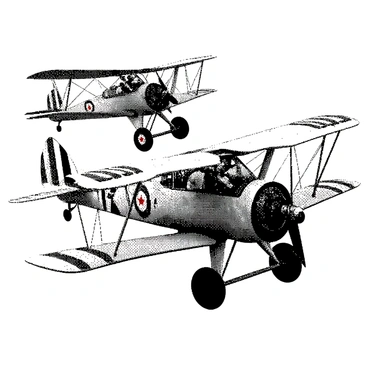 A pair of retro biplanes are soaring through the sky in a playful manner. One biplane is executing a loop-the-loop while the other performs a barrel roll. Each biplane has vibrant markings on its wings and body. Cartoon pilots are visible in the cockpits, wearing large aviator goggles and wide smiles. The pilots are leaning out of the cockpits, showcasing their excitement and thrill as they navigate the tricks. The sky is clear and expansive, providing a dynamic backdrop for their aerial performances.