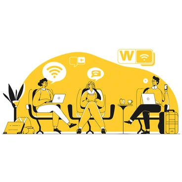 A group of travelers sitting in a designated airport WiFi zone. One traveler, wearing a yellow backpack, is focused on a laptop while a second traveler is holding a smartphone, scrolling through messages. A third traveler has a yellow coffee cup on the table next to their laptop. The seating area includes several chairs with small tables. Airport signage can be seen in the background along with luggage scattered around the floor.