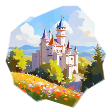 A majestic fairy-tale castle with tall spires and intricate turrets, nestled among the lush green hills of Bavaria, Germany. The castle is surrounded by dense forests, with vibrant wildflowers blooming at its base. Sunlight filters through the leaves of the trees, casting dappled shadows on the ground. In the distance, gentle rolling hills create a picturesque backdrop, adding to the enchanting atmosphere. A clear blue sky overhead complements the scene, with a few fluffy white clouds drifting lazily.