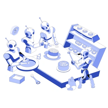 A bakery interior is filled with robots engaged in the process of baking and decorating cakes and pastries. One robot is carefully measuring ingredients with precision using a digital scale, while another is mixing batter in a large bowl. A third robot is piping icing onto a beautifully shaped cake, creating intricate designs. Nearby, a fourth robot is arranging freshly baked pastries on a display shelf. The environment is well-organized, with baking tools and equipment neatly arranged around the robots, showcasing a harmonious blend of technology and baking artistry.