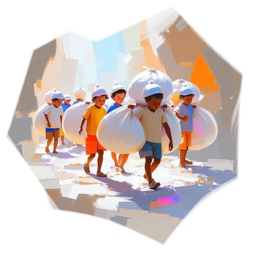 A group of children with varying skin tones, wearing simple clothing, are carefully carrying large burlap sacks filled with salt through a glistening salt mine. The walls of the mine are shiny and reflect light, creating a sparkling effect. The children are focused and determined as they navigate the uneven ground, with some of them helping each other with the heavy loads. Salt crystals are scattered around the ground, adding to the overall brightness of the scene. The atmosphere is lively as they move about the mine, contributing to the work.