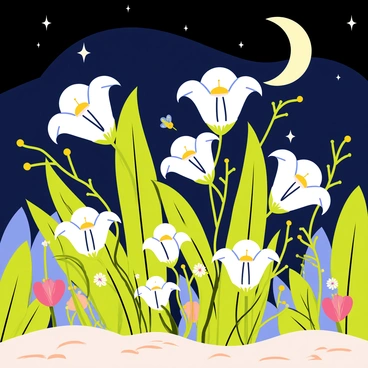 A garden filled with vibrant green leaves and various colorful flowers, with "moonflowers" in full bloom, their large white petals unfurling gracefully. The scene is illuminated by the soft glow of a "crescent moon" hanging in a dark blue sky dotted with twinkling stars. Delicate vines intertwine with the moonflowers, and a few fireflies are visible, adding to the enchanting atmosphere of the night. The ground is covered with small stones and patches of grass, providing a natural setting for the flowers to thrive.