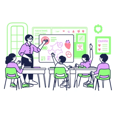 A classroom setting is filled with desks arranged in neat rows. In the front, a teacher stands next to a large whiteboard covered with colorful diagrams related to heart health. The teacher, a middle-aged woman with glasses, is wearing a blue blouse and black trousers. She is pointing at a diagram of a human heart while speaking to the students. 

The students, a diverse group of children, are sitting attentively at their desks, each with notebooks open and pens in hand. Some students are raising their hands to ask questions. On the wall behind the teacher, there are posters with heart health tips and illustrations of healthy foods and activities. A bulletin board displays a chart about the importance of exercise and a drawing made by students showing a heart with check marks for healthy habits. A window allows natural light to fill the room, creating a bright and inviting atmosphere.