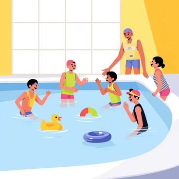 A bright indoor pool filled with clear blue water. Several children, wearing colorful swim gear, are practicing their strokes under the guidance of a swim instructor. The instructor, wearing a whistle and swim cap, is demonstrating proper techniques. Sunlight filters in through large windows, illuminating the joyful expressions on the kids' faces as they splash and laugh. Floating pool toys, like a yellow duck and a blue ring, are scattered around the pool. The walls of the pool area are painted in cheerful colors, enhancing the lively atmosphere.