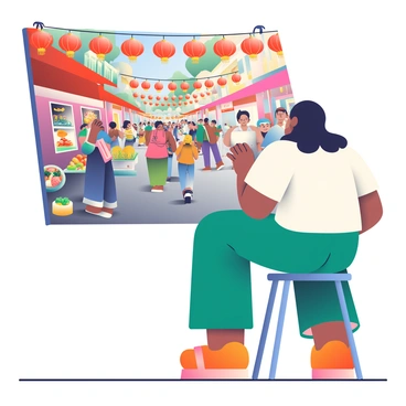An artist with medium skin and black hair is seated on a stool, painting a vibrant scene of Chinatown in Singapore. Her canvas displays a busy street filled with colorful shopfronts and red lanterns hanging overhead. In the background, a crowd of people of various ethnicities is walking, some stopping to admire the decorations and others enjoying street food from vendors. A variety of stalls can be seen, including one selling fresh fruits and another showcasing traditional clothing. The sunlight casts dynamic shadows, highlighting the vivid colors of the scene.