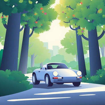 A sleek silver Porsche 911 is driving through a dense forest. The car is positioned on a narrow, winding road, with its headlights illuminating the path ahead. Surrounding the vehicle are tall, lush green trees with thick trunks and vibrant foliage. Dappled sunlight filters through the canopy, creating intricate shadows on the ground. The layers of leaves above are a mix of deep greens and the occasional hint of autumn colors. In the background, the forest stretches out, with more trees fading into a soft blur. The atmosphere conveys a sense of speed and adventure amidst the tranquility of nature.