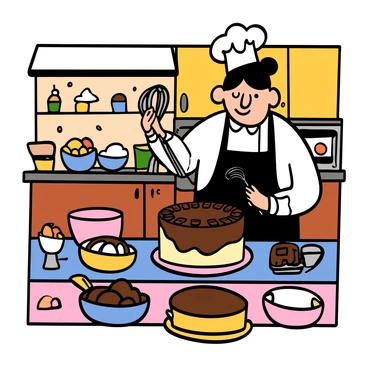 A cozy kitchen scene featuring a chef with light skin and short black hair, wearing a white chef's coat and a black apron. The chef is focused on baking a large KitKat cake, carefully arranging rows of KitKat bars around the edge of the chocolate frosting on the cake. The kitchen is filled with warm, inviting colors, with wooden cabinets and a kitchen island laden with baking ingredients such as flour, eggs, and chocolate. There are mixing bowls and utensils scattered around, and a whisk is in the chef's hand as he smiles, enjoying the process of creating the dessert. The oven is visible in the background, with the warm glow of light illuminating the scene.